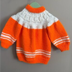 Vintage Orange White Hand Knit Cottagecore Cable Yoke Sweater Size 3T